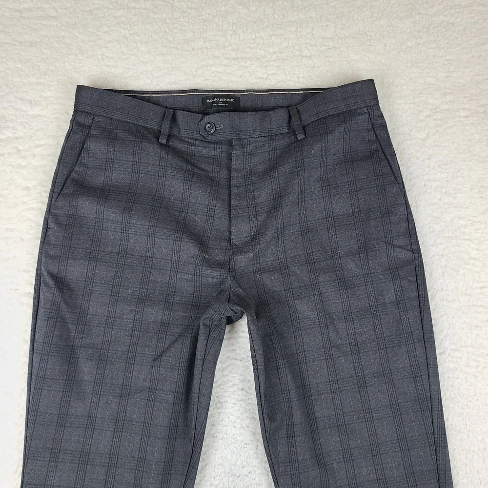 Banana Republic Pants Mens 34x34 Dark Gray Plaid Slim Tapered Fit Dress Slacks